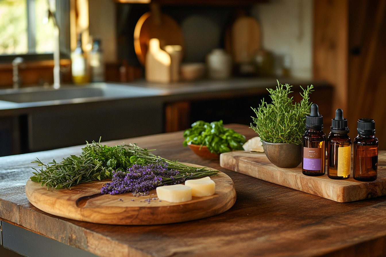 Cozy rustic kitchen with fresh herbs, a half-prepared gourmet meal, and DIY self-care items like handcrafted soaps and essential oils, with warm, inviting lighting.