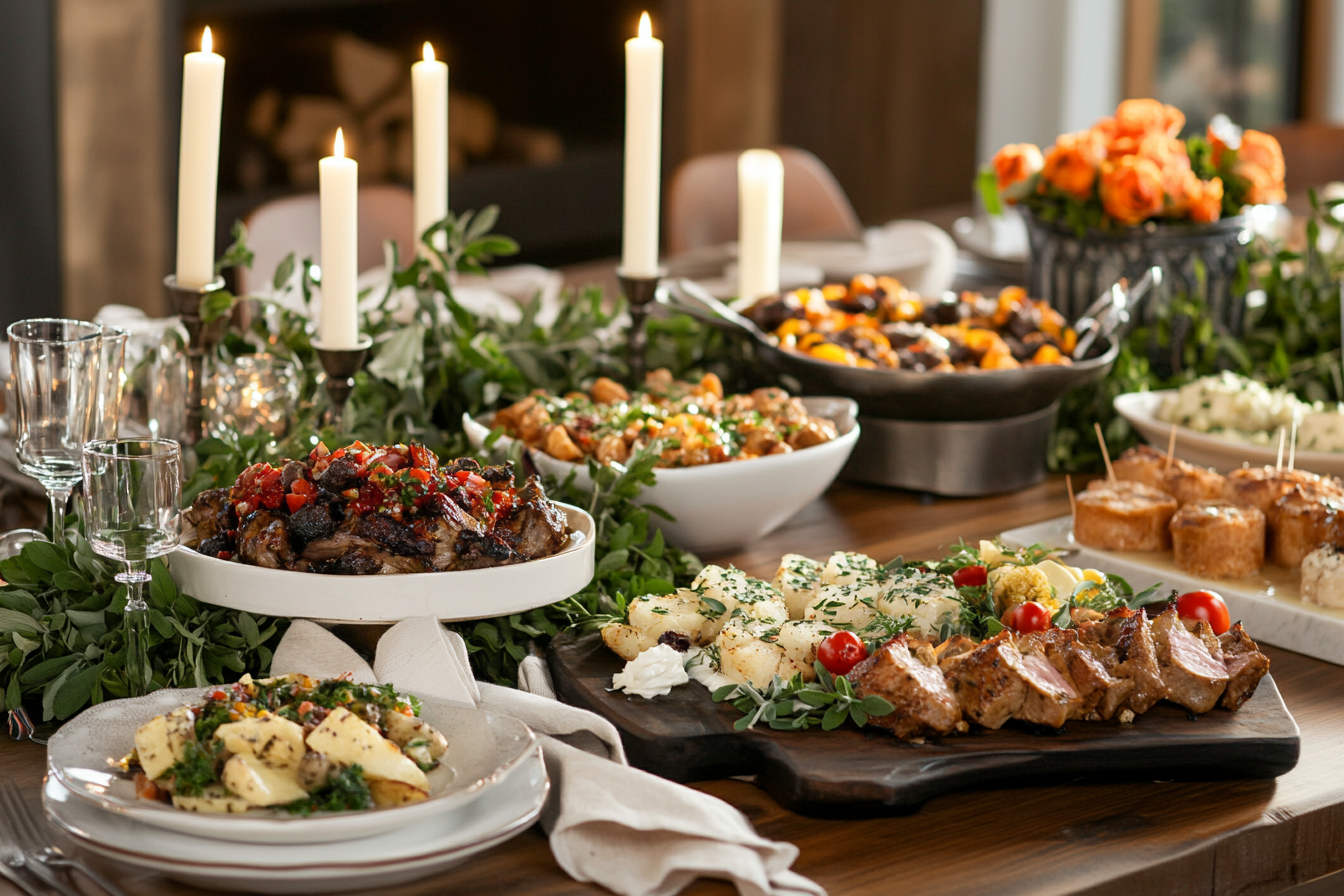 Elegant dining table set for a perfect event with candles, floral arrangements, gourmet dishes, and place cards, conveying celebration, comfort, and sophistication.